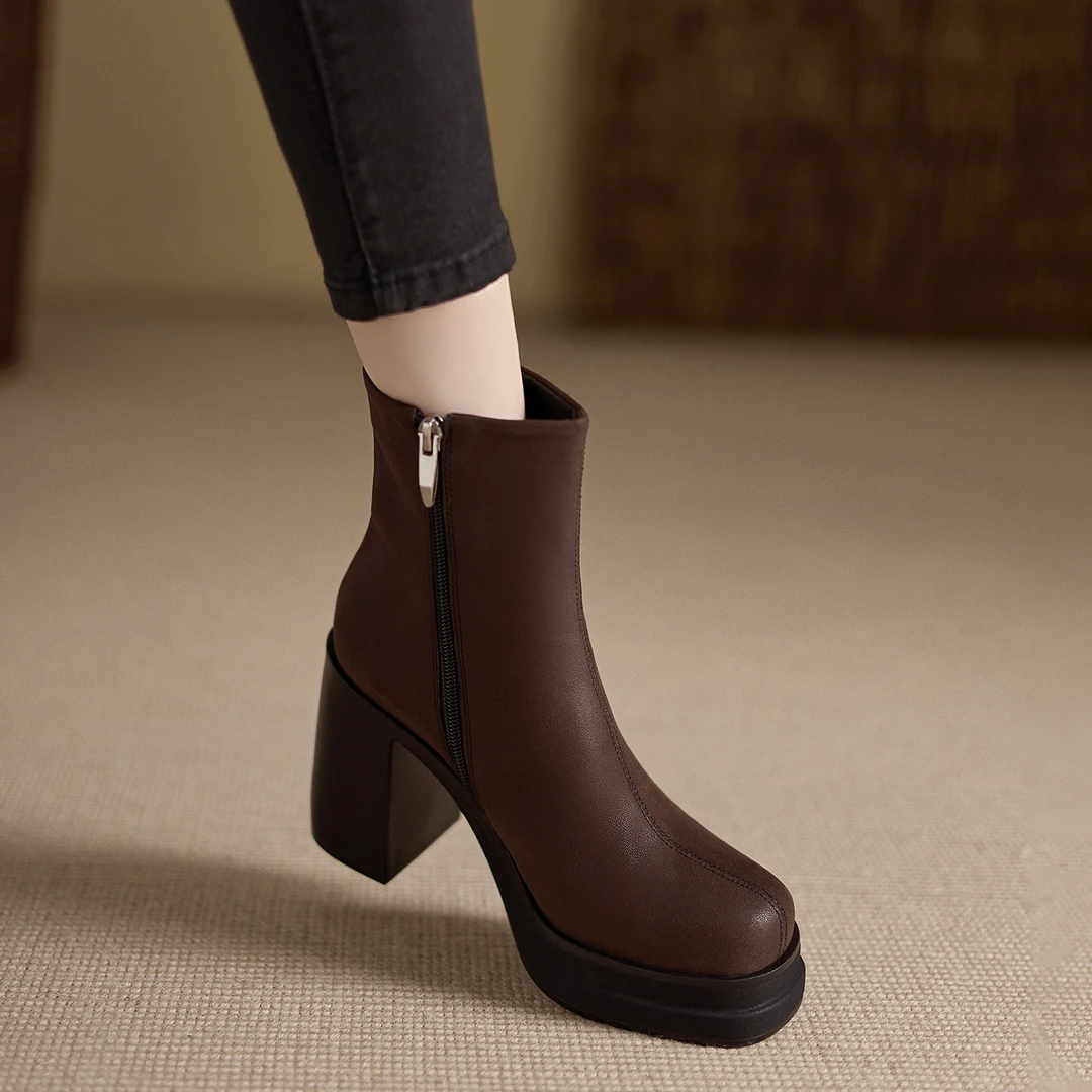 小个子手工女鞋10cm~高跟防水台百搭粗跟时装靴棕色小踝靴马丁靴