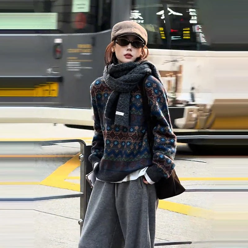 时尚港风复古提花设计套头针织衫女士春季新款时髦氛围感显瘦上衣