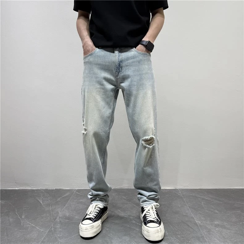 潮牌复古水洗棉弹破洞牛仔裤子男2026新款宽松小直筒显瘦休闲长裤