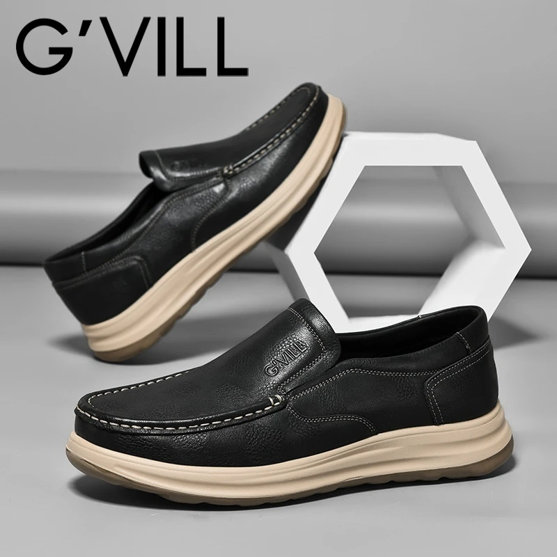 G’VILL/贵之步男士头层牛皮乐福鞋百搭软底一脚蹬商务通勤休闲鞋