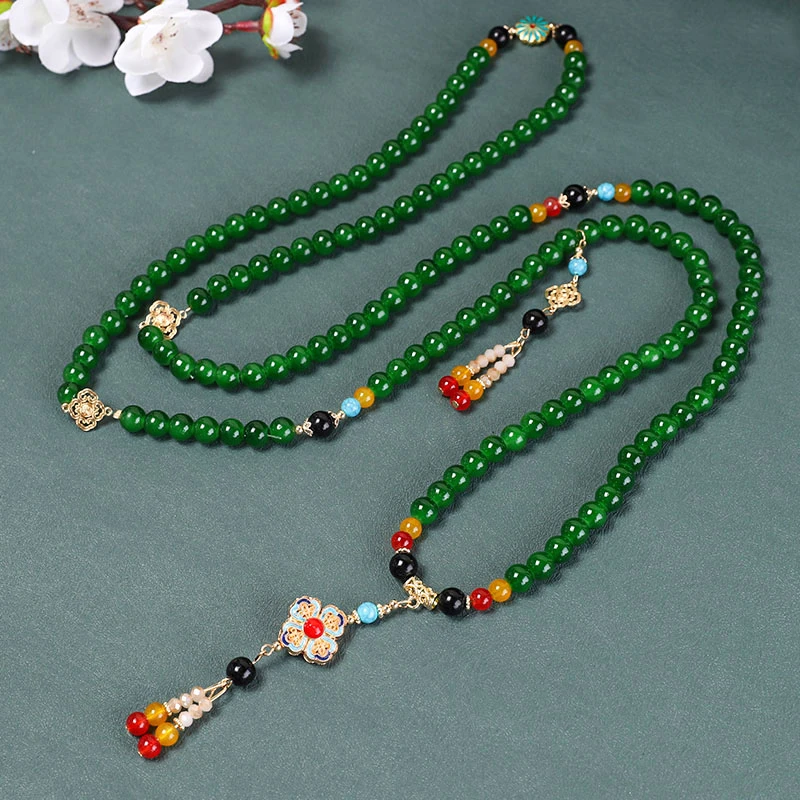 合金琉璃项链 新中式斜挎链多用多圈项链长款串珠国风流苏民族风