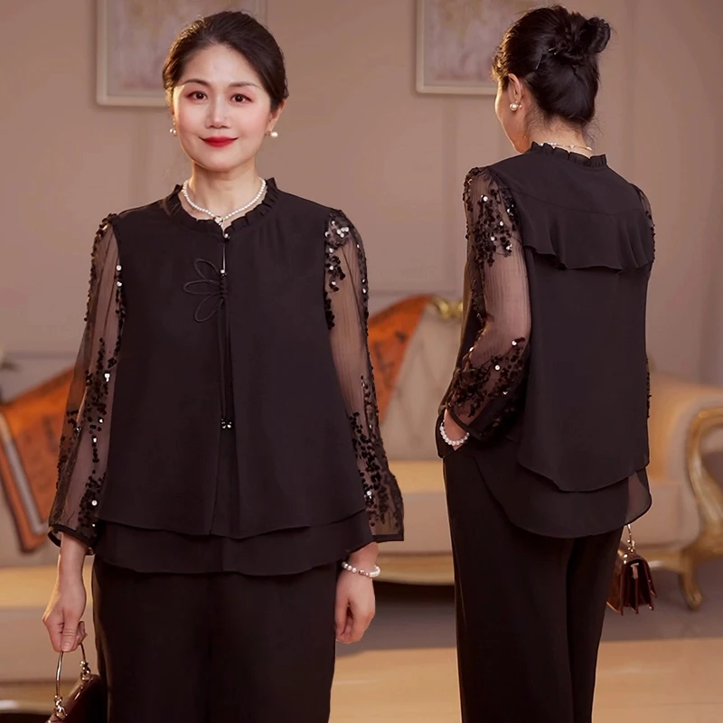 俞兆林妈妈装春夏季新款套装50岁中年洋气大码新款上衣裤子两件套