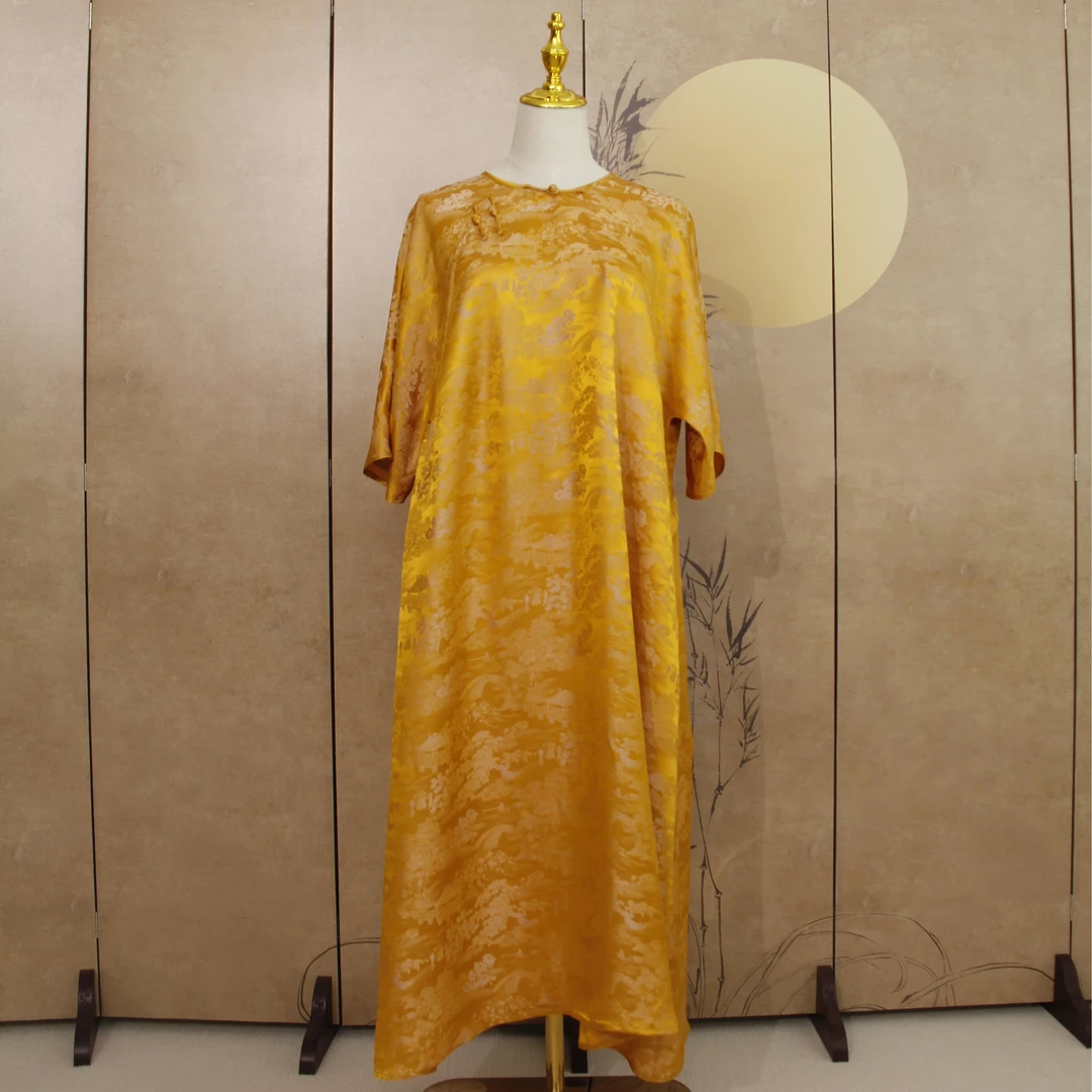 春夏季连衣裙复古国风中袖重磅新中式长款长裙印花圆领提花长袍