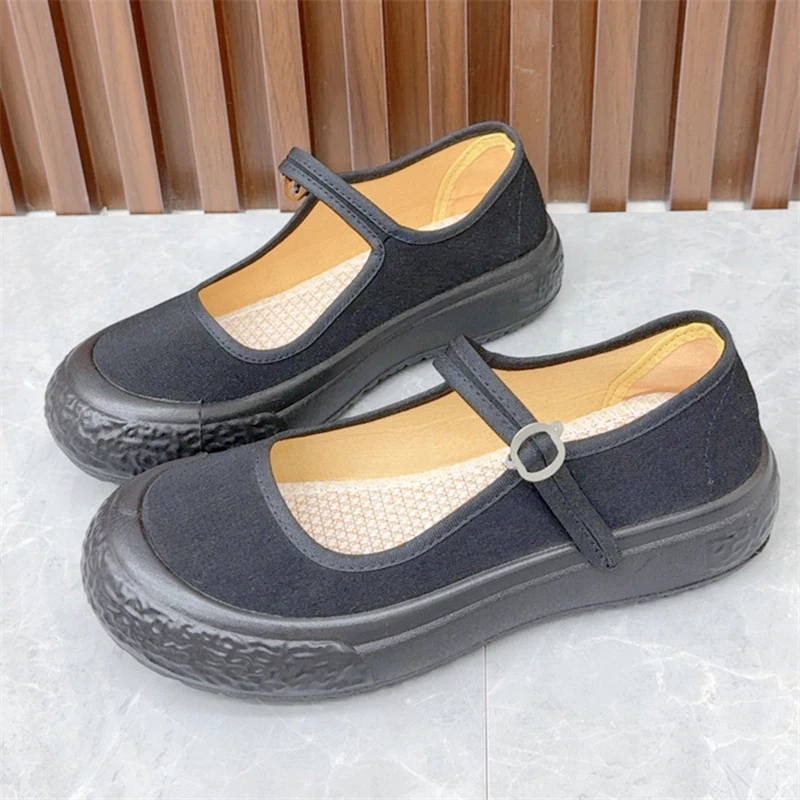 2025年新款老北京布鞋工作鞋黑色平底妈妈鞋酒店鞋厚底方口女鞋