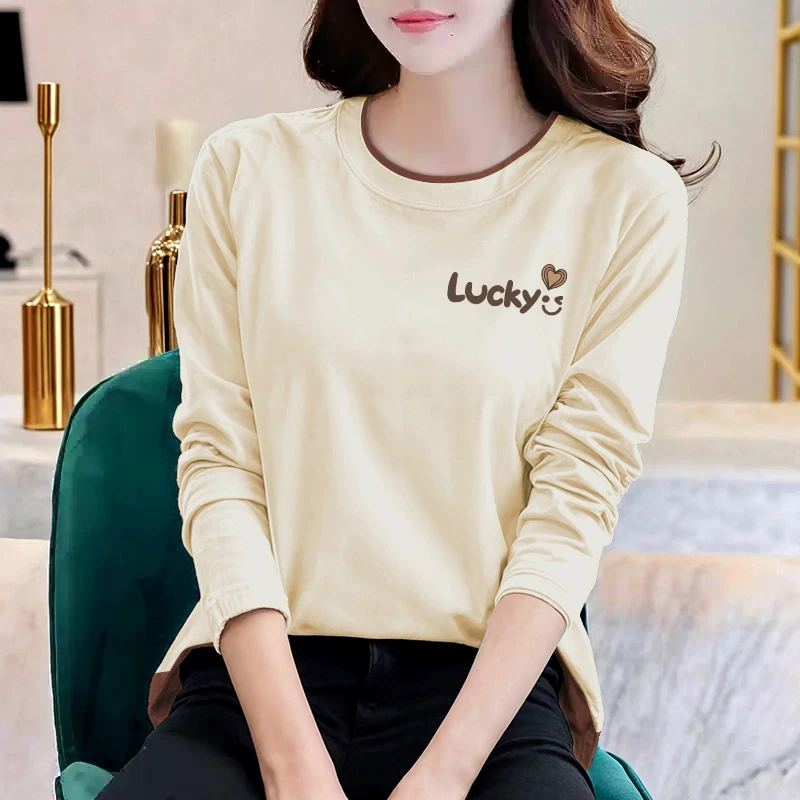 2025年春秋新款假两件印花圆领潮流T恤百搭设计感长袖T恤insT505