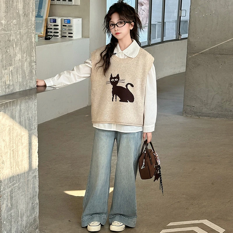 女童春秋毛衣马甲衬衫三件套女大童春装牛仔裤阔腿裤女孩韩版套装