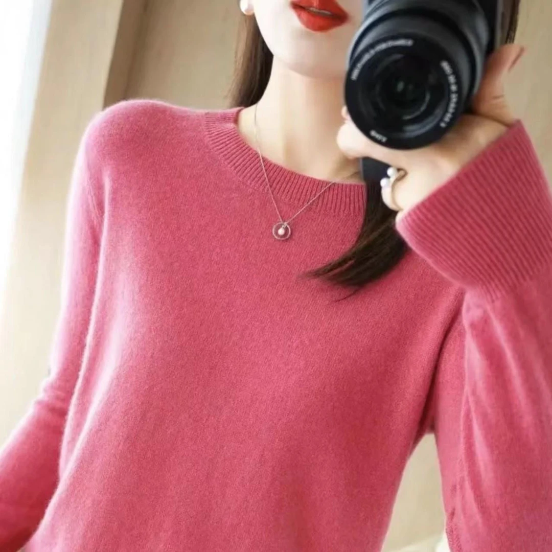 【现货宠粉】新款长袖针织衫圆领薄显瘦纯色气质套头百搭慵懒打底衫