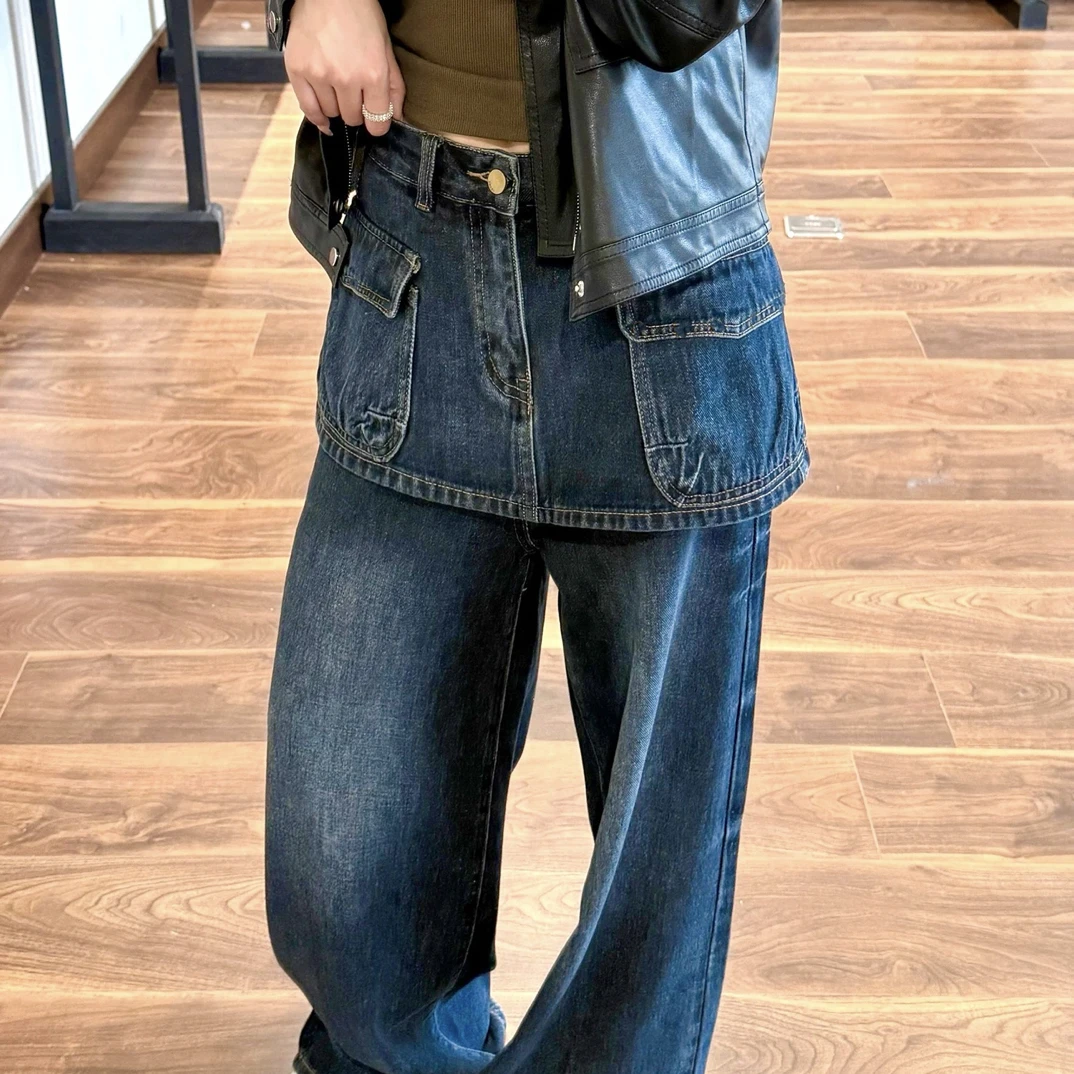 复古做旧拼接屁帘假两件工装牛仔裤女秋季新款百搭显瘦长裤