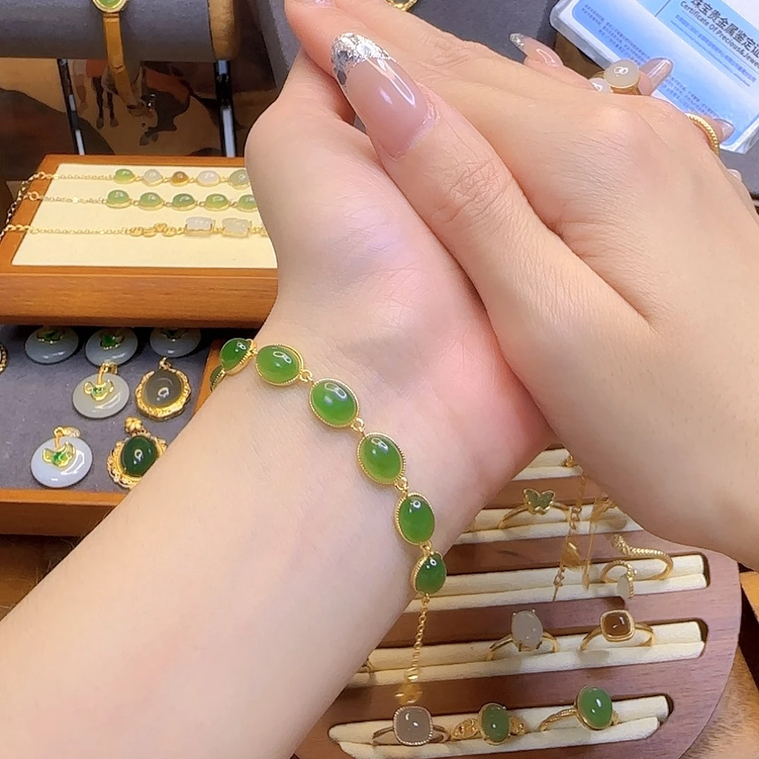 和田玉手链银S925镀金镶嵌