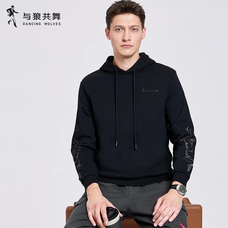 【刺绣】与狼共舞连帽卫衣2025秋季新款抽绳休闲青年潮流男士外套