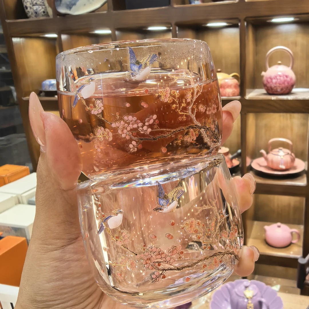 春季上新 原矿水晶玻璃主人杯喜鹊报春品茗杯中式茶杯A12181