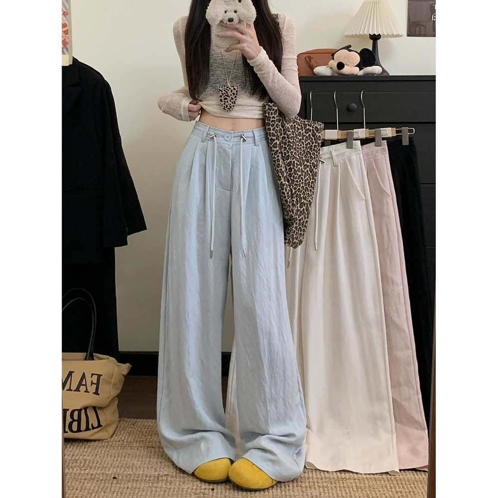 2025新款棉麻抽绳阔腿休闲西装长裤女8982