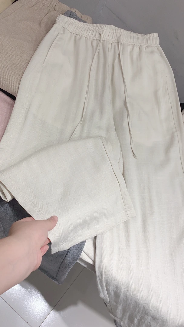 宝衣家 夏季柔软百搭人字纹天丝亚麻九分窄版直筒裤