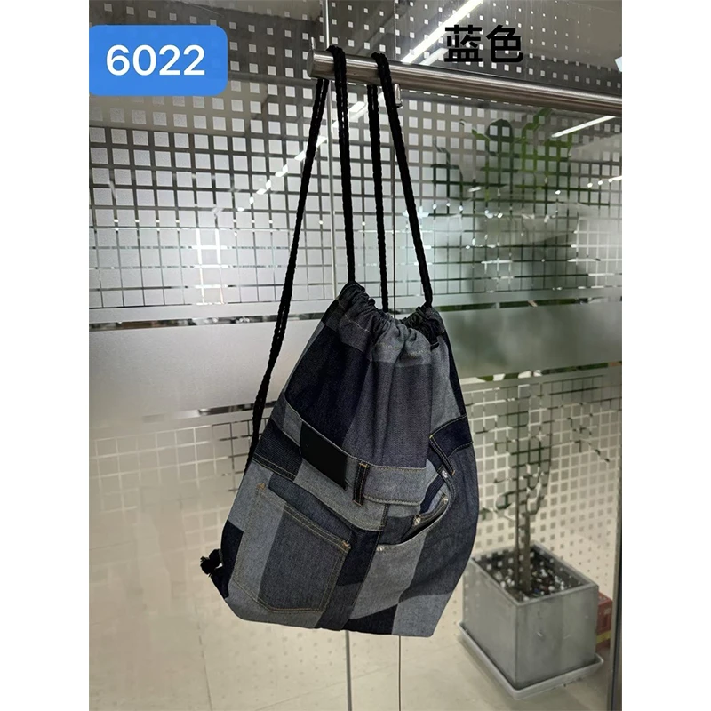 A6022 双肩包韩系街头百搭牛仔拼接迷彩抽绳设计感单肩包