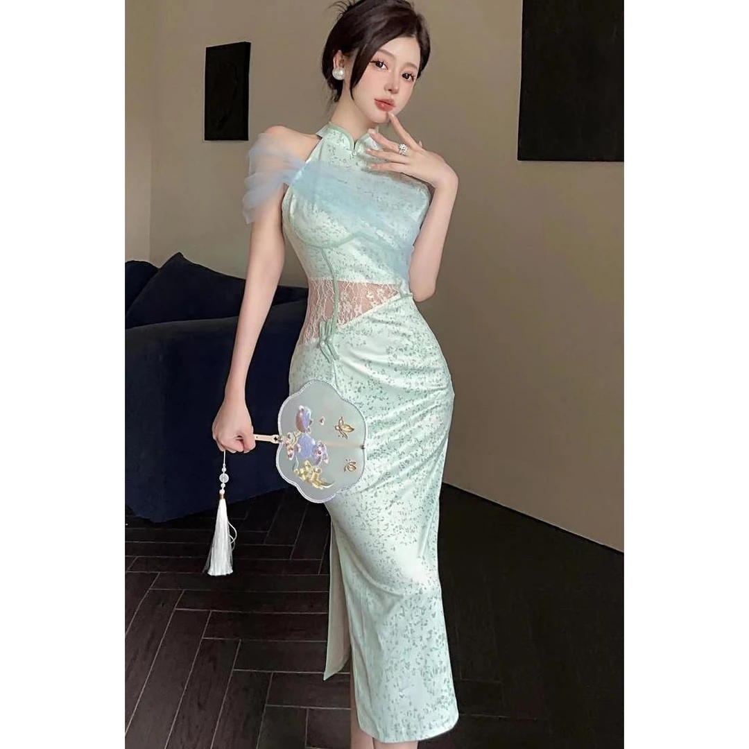 设计感新中式网纱拼接绿色碎花旗袍裙改良版新款透视收腰连衣裙女