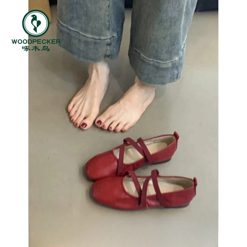 啄木鸟法式交叉带红色玛丽珍鞋平底单鞋女浅口晚风仙女芭蕾舞鞋