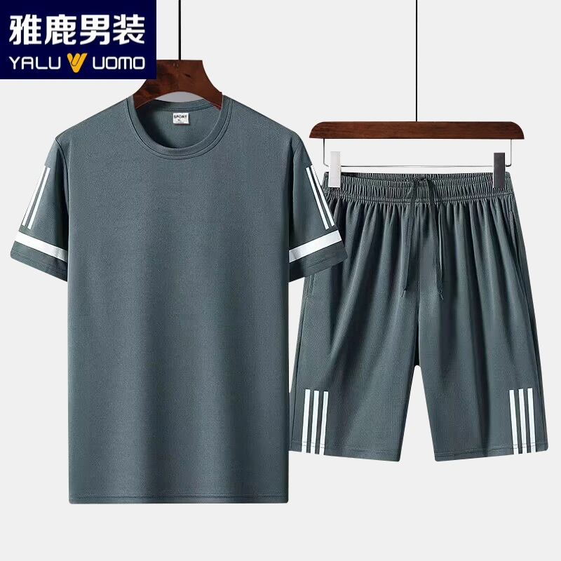 雅鹿男装夏季休闲套装女男士薄款速干短袖t恤健身运动短裤两件套