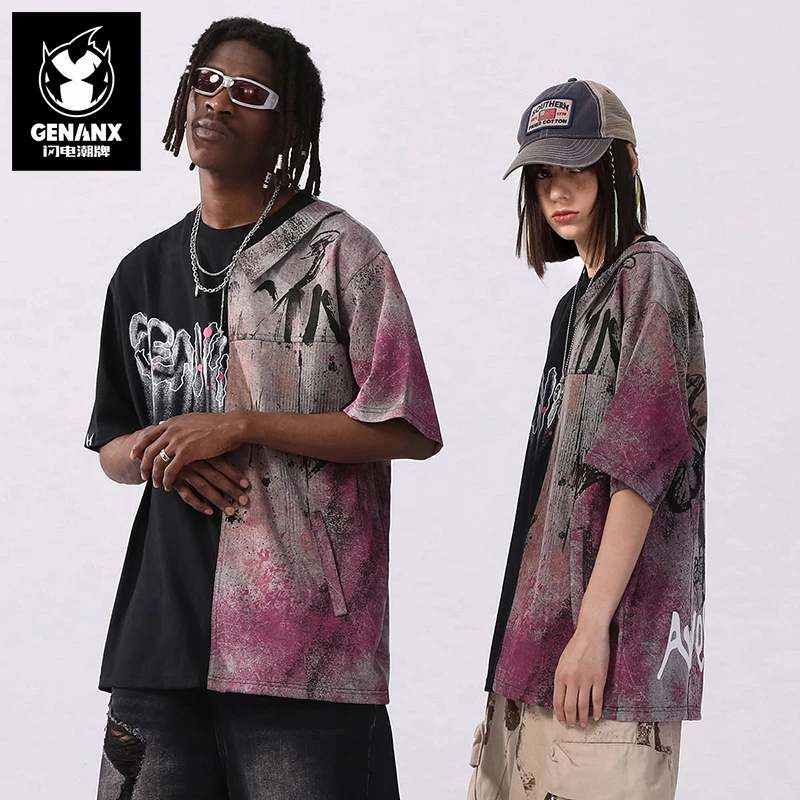 GENANX闪电潮牌夏季短袖新款复古风泼墨贴布双领衬衫领T恤男