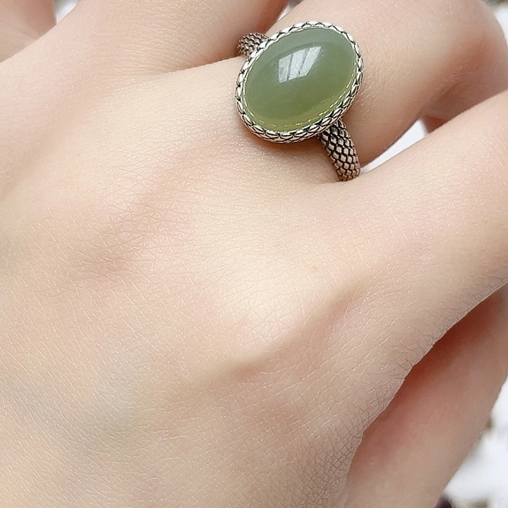 和田玉戒指银S925镶嵌天然