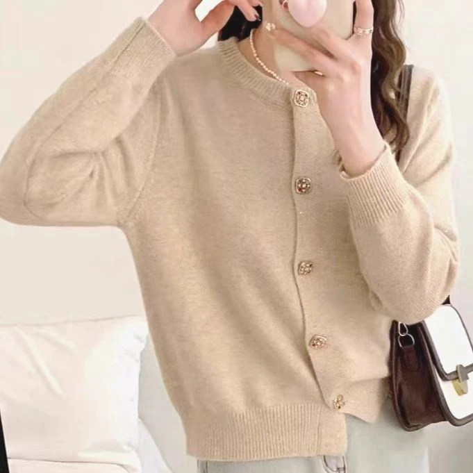 (孤品清样不退货)女式百搭休闲 圆领纯色长短袖针织外套/毛衫