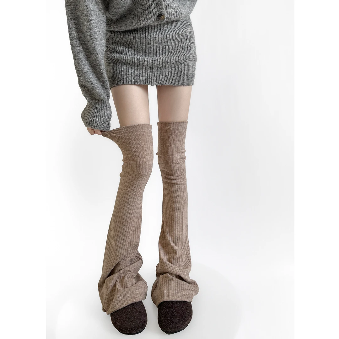 秋冬新品宽条喇叭高筒袜套垂感过膝微喇腿套灰色个性显瘦袜子春秋