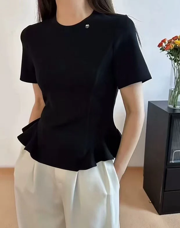 百搭不规则荷叶边短袖T恤圆领短袖打底褶皱针织简约小众黑色