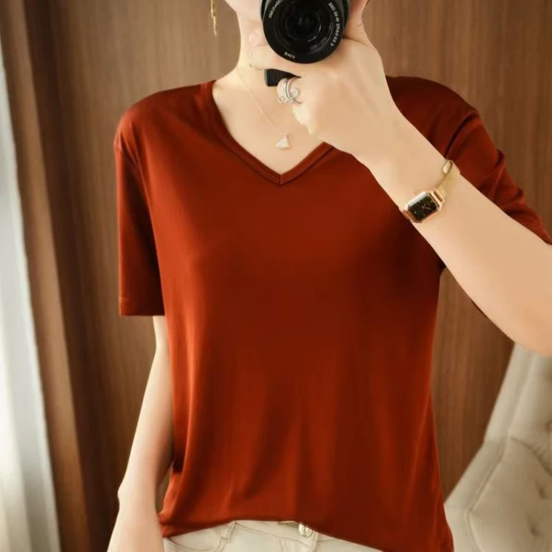 羊范2025薄款高端V领凉感纯色T恤女正肩简约百搭显瘦宽松半袖上衣