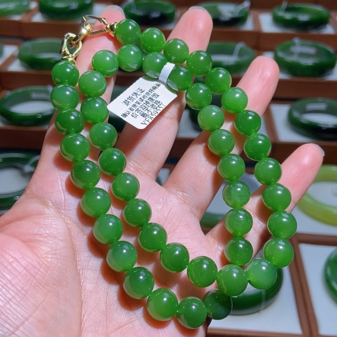 和田玉（碧玉）未镶嵌项链辣阳绿卡9.5
