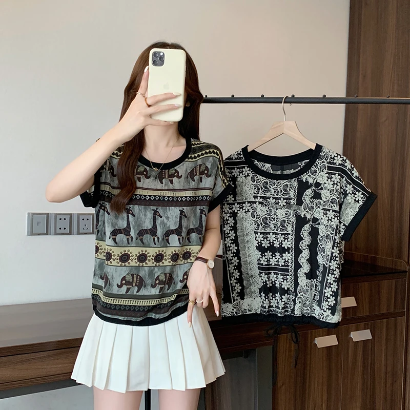 2025夏装新款胖mm大码女复古印花休闲拼接飞飞袖短袖T恤35819