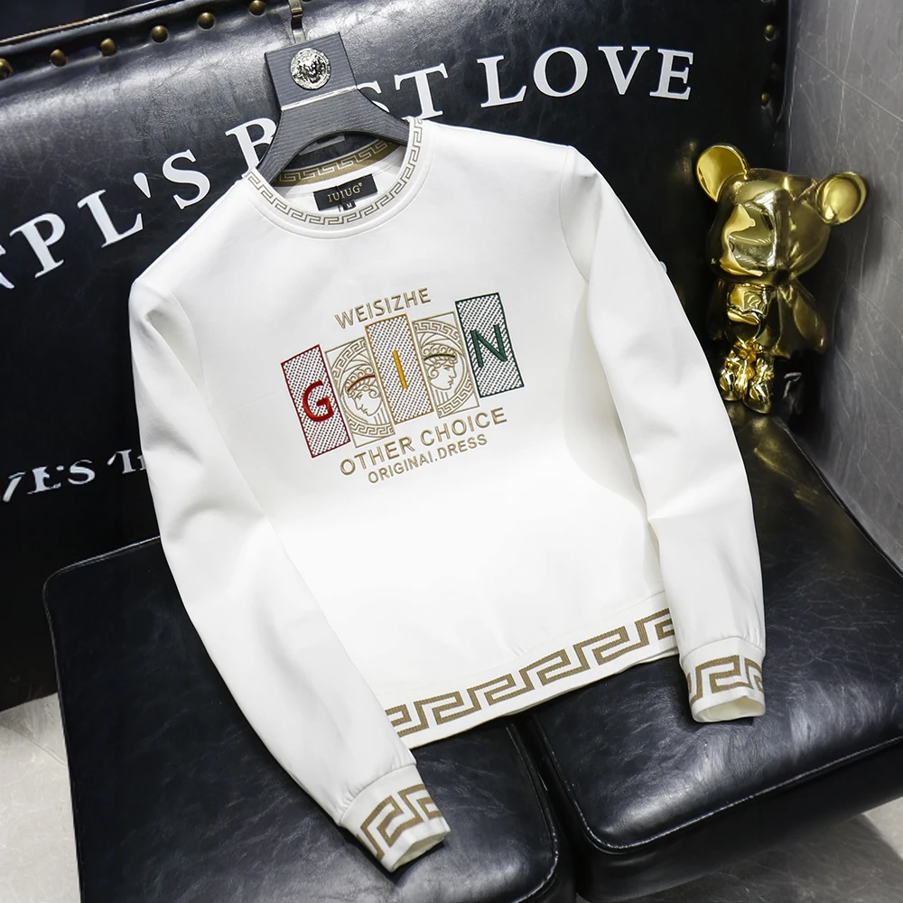 希敦纽勒欧货潮流刺绣百搭卫衣男士无帽套头帅气打底衫秋季上衣