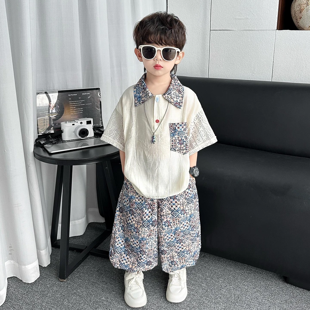 男童夏季薄款时尚休闲镂空短袖套装儿童中小童宝宝夏装洋气两件套