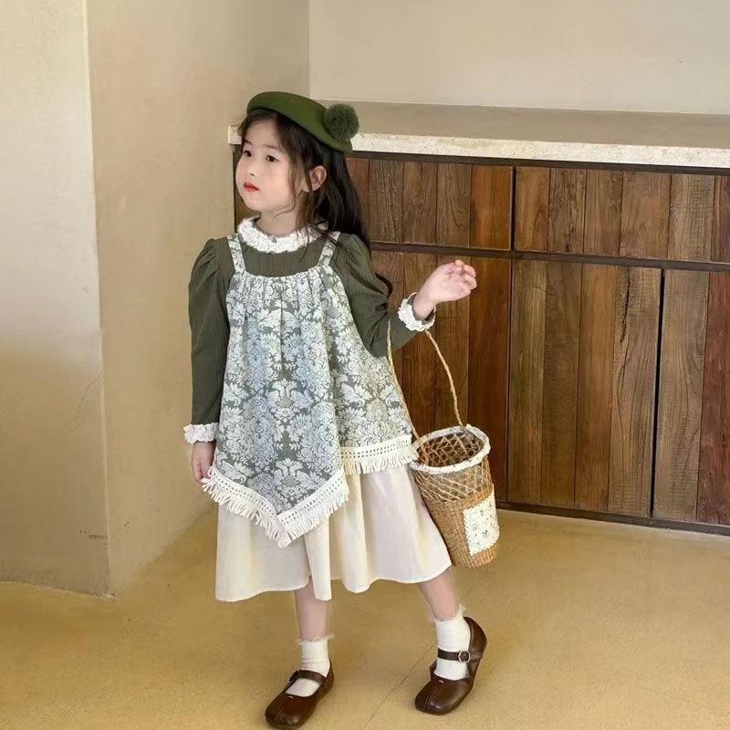 女童两件套打底衫+碎花连衣裙2025春秋季儿童洋气公主吊带田园风