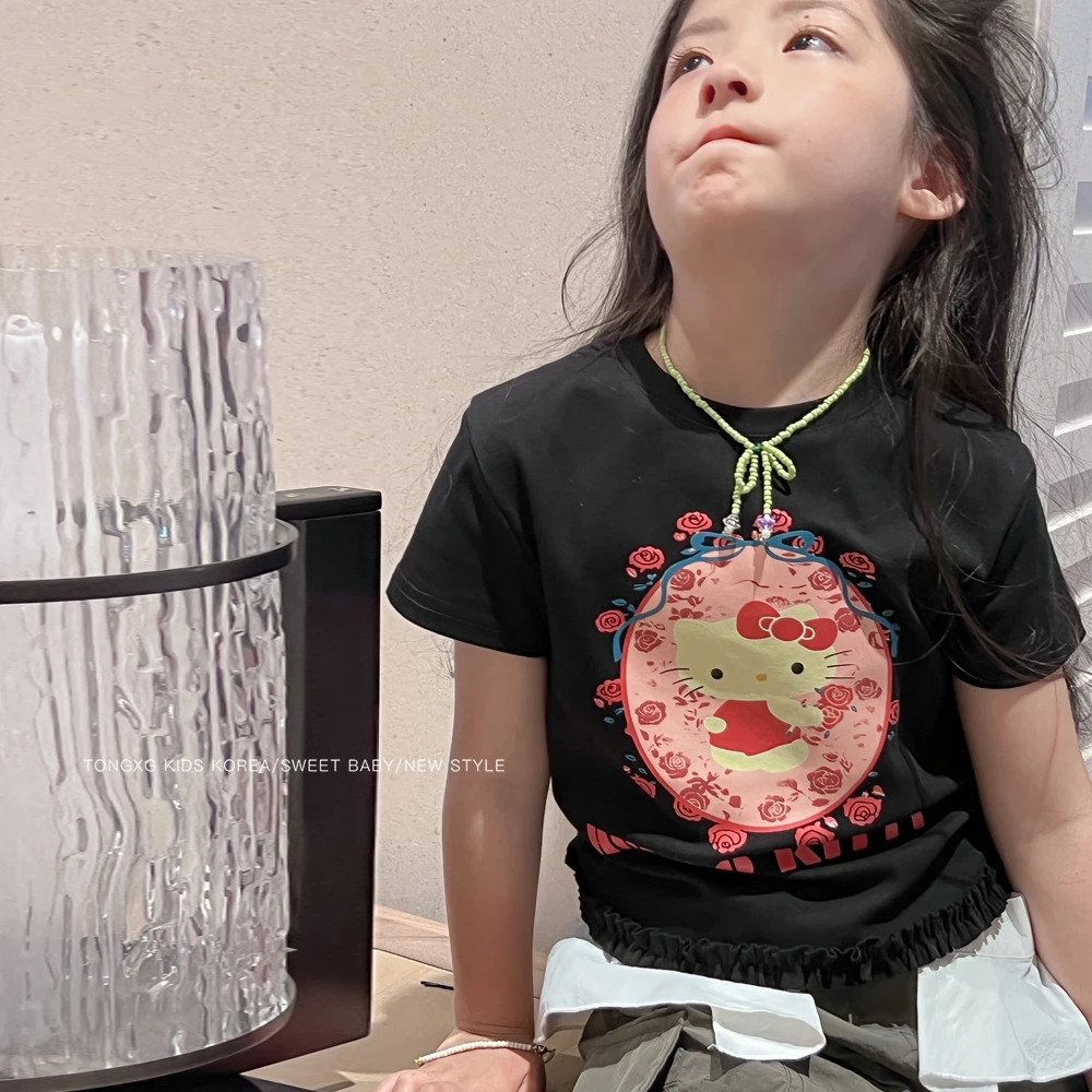 波拉bora春款2025新品韩系撞色kt猫正肩短袖T恤中大童上衣ys228