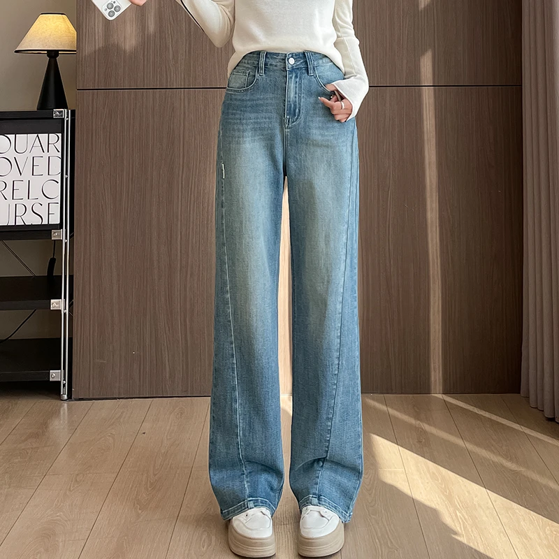 高腰弯刀牛仔裤女2025春季新款弹力宽松拖地裤显瘦美式百搭直筒裤