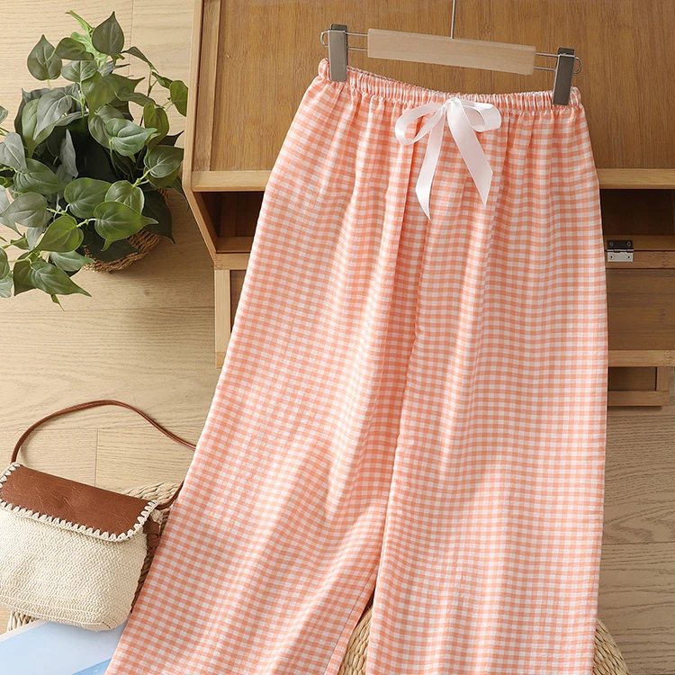 2025春夏季女士睡裤高腰居家裤防蚊裤格子裤空调裤可外穿