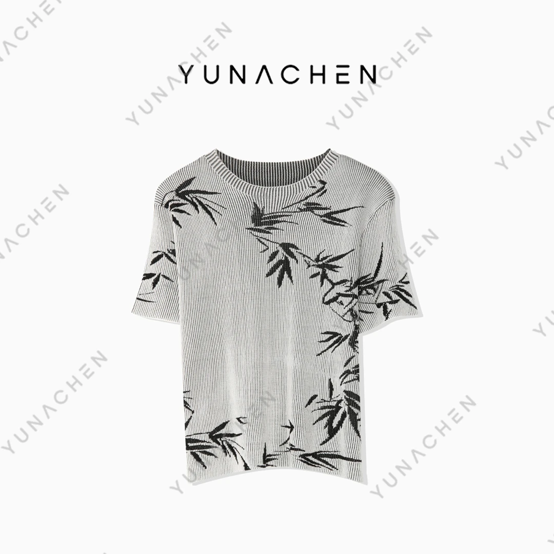 【寄君曲】C13春季气质轻奢时尚竹子印花短袖T恤女396-0116