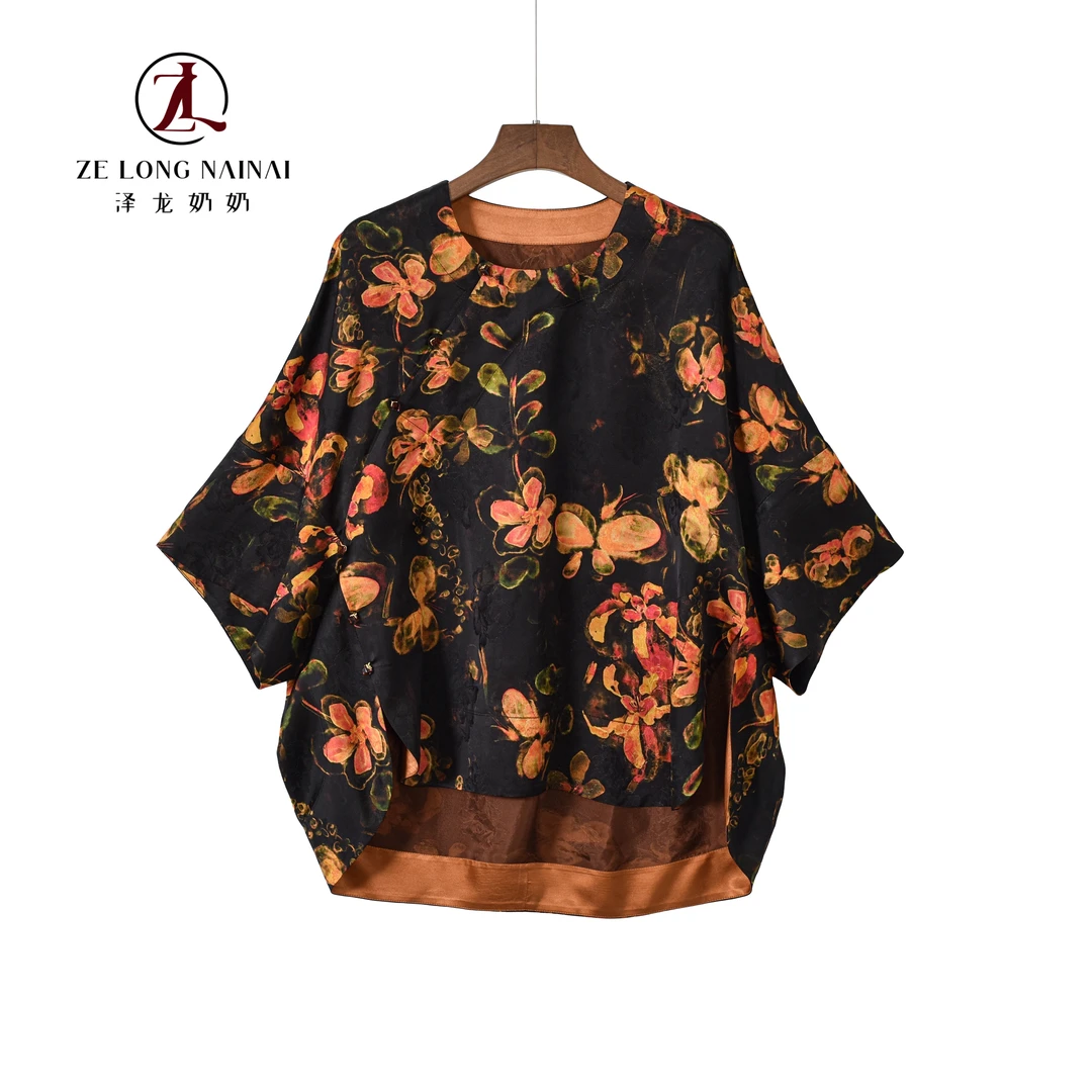 827橘蝴蝶国风印花宽松圆领斜襟中袖上衣