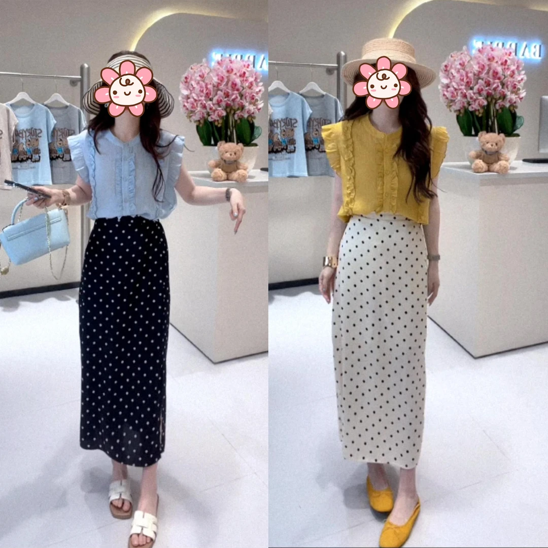 洋气衣服女裙子套装2025夏季新款木耳边排扣上衣高腰波点半身长裙