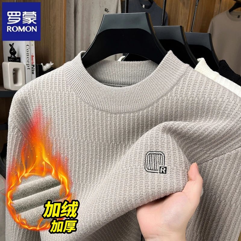 罗蒙男士秋冬加绒加厚圆领套头针织毛衣男士保暖休闲百搭上衣