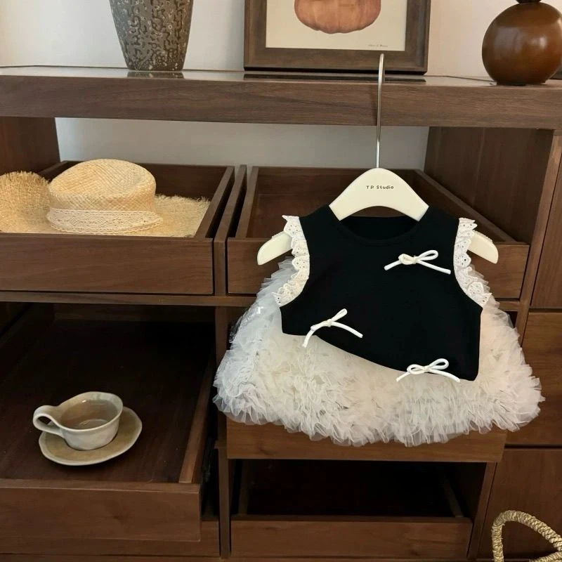 女童夏季蓬蓬裙套装2025新款儿童花边背心女宝宝夏装蛋糕裙两件套