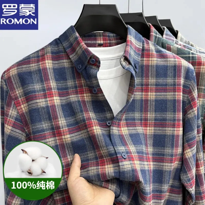罗蒙品牌秋冬新款磨毛休闲纯棉衬衫上衣复古百搭长袖格子衬衣男装