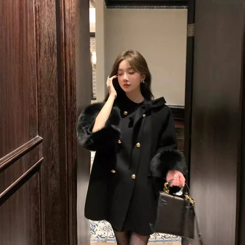 温莎千金蝴蝶结24冬新款双面羊绒大衣女斗篷狐狸毛羊毛呢皮草外套