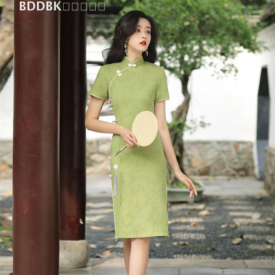 Dou旗袍新款女春夏季绿色小个子中长款日常改良淑女装连衣裙旗袍