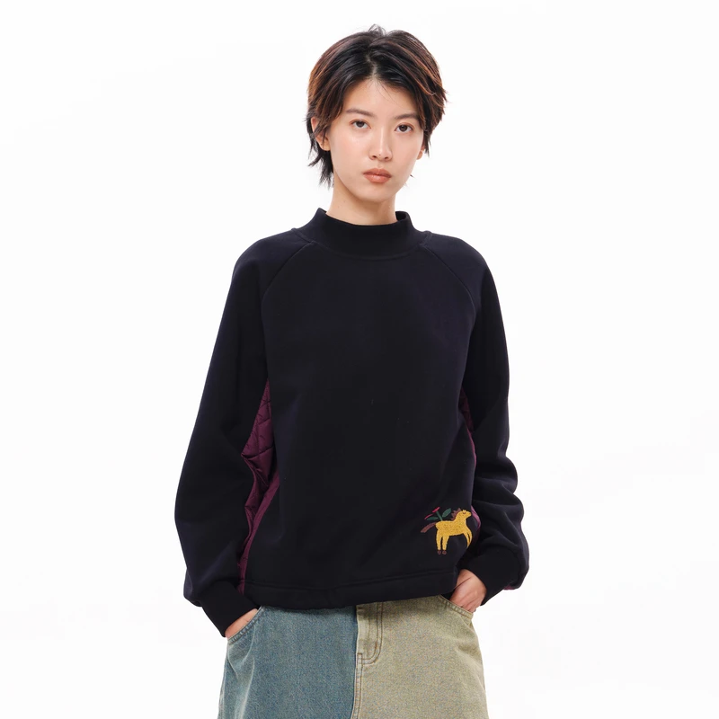 MOVEUP幻走2025冬新款.FUN 绣花加绒撞布拼接短款卫衣女3EWD11401