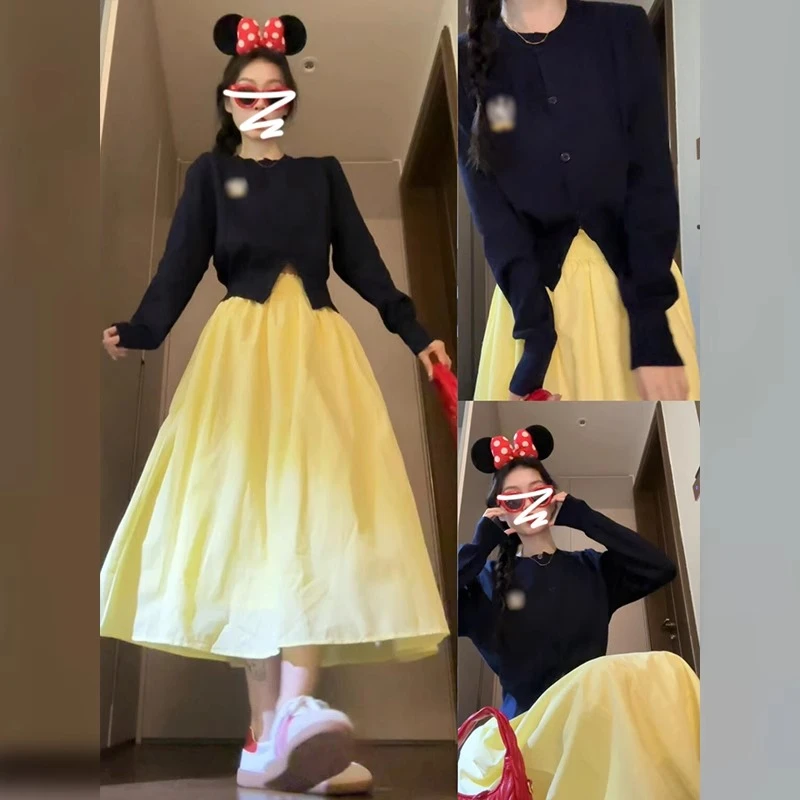 5378韩系学院风穿搭一整套装女早春新款针织开衫黄色半身裙两件套