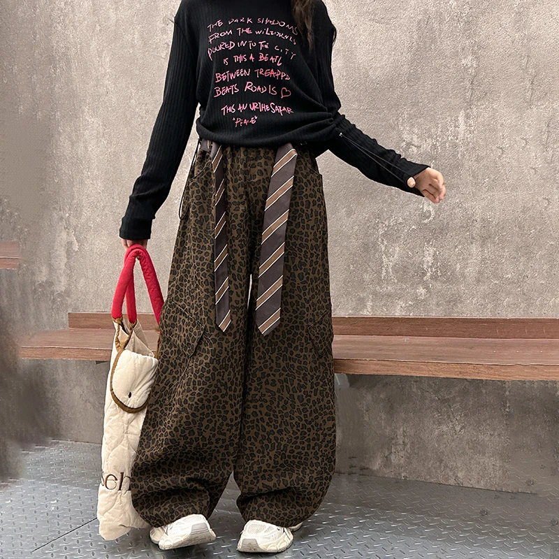 中大童休闲裤豹纹阔腿裤直筒女休闲风秋季长裤可收口宽松时尚百搭