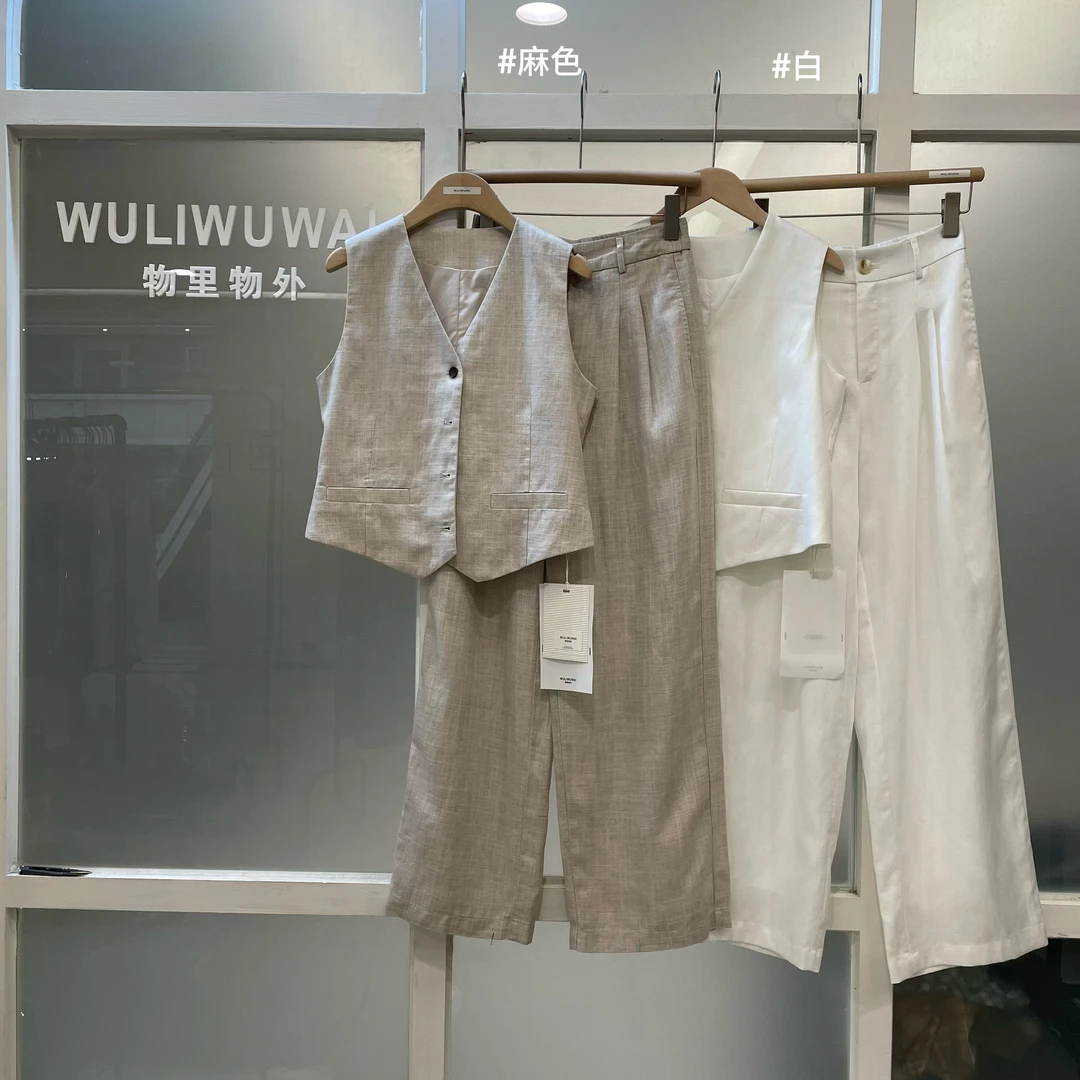 鑫燃KIKI 莱赛尔亚麻时尚高级感马甲+直筒裤套装 2151 WU