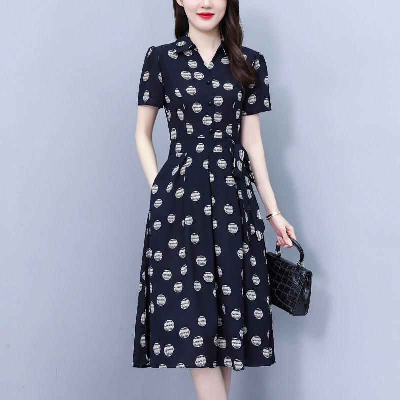 高级感收腰连衣裙女夏季新款云纱高端洋气质小个子妈妈印花裙子