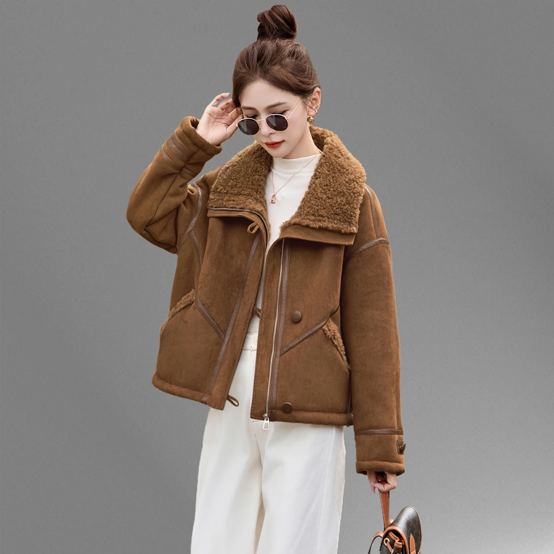 皮毛一体羊羔毛短外套女冬2025新款宽松显瘦加厚鹿皮绒机车服上衣