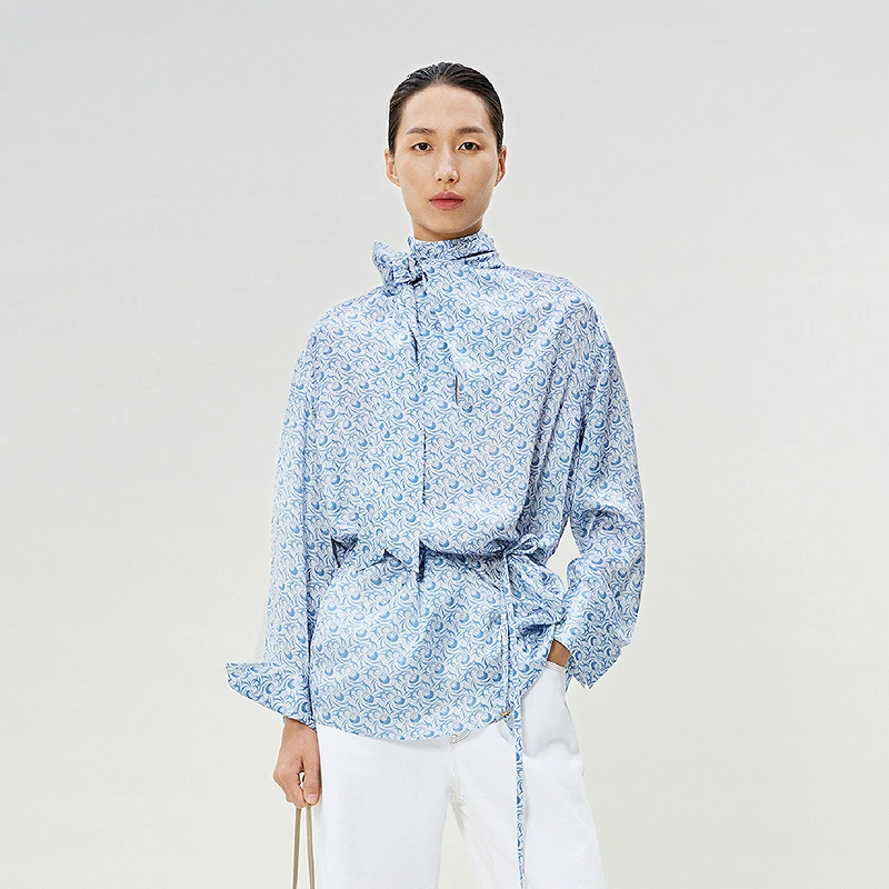 【商场同款】LESS2025春新气质高领莲花印花真丝衬衫2P1211880